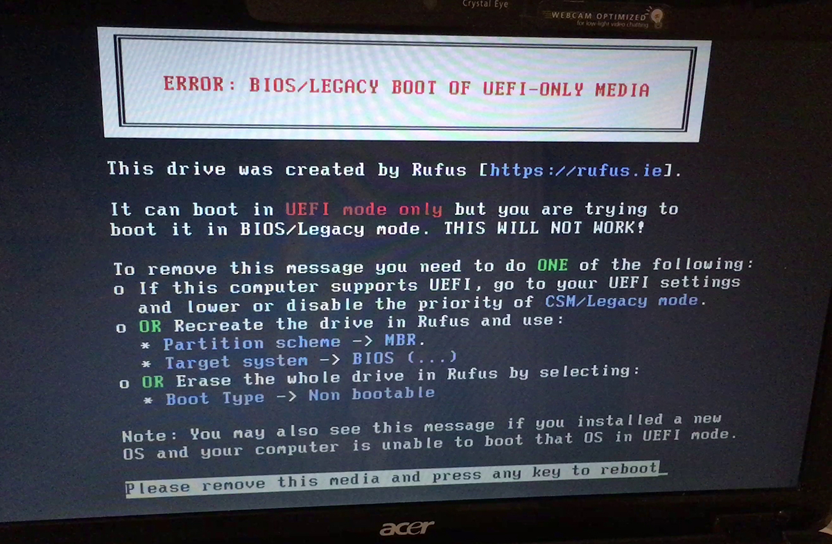 Πρόβλημα με  Error: Bios/Legacy Boot of UEFI-Only media η λύση